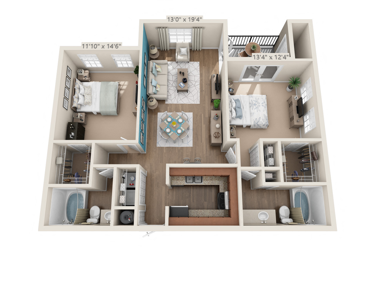 Floor plan for 2 beds, 2 baths, 1158 sqft
